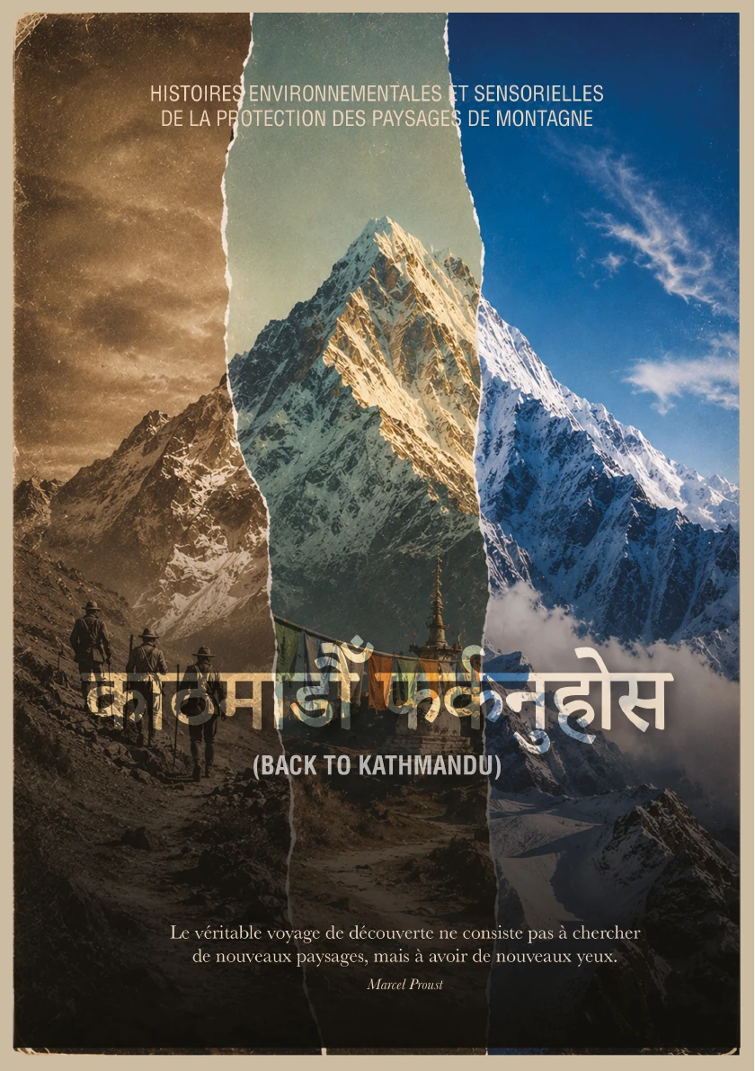 Back to Kathmandu poster showing a Himalayan mountain in three torn photographic eras